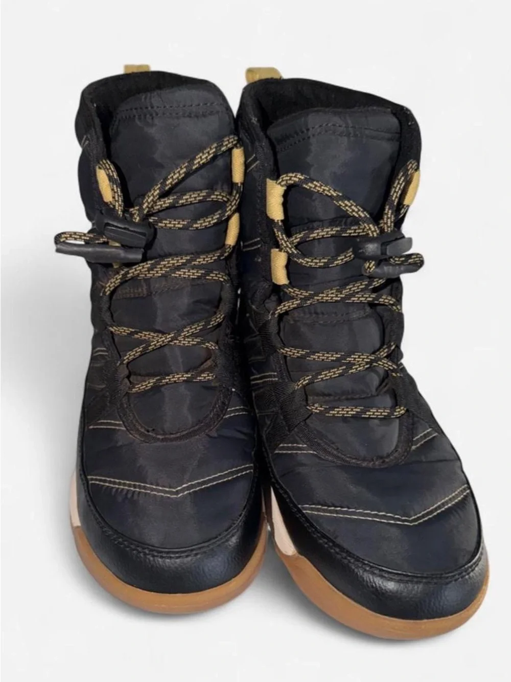 Kids Sorel Black Winter Lace-Up Ankle Boots with Tan Sole Accents size 5